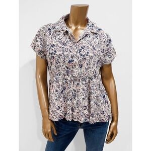 Rachel Zoe Floral 100% Linen Collared Short Sleeve Ruffled Hem Top Blouse Size M